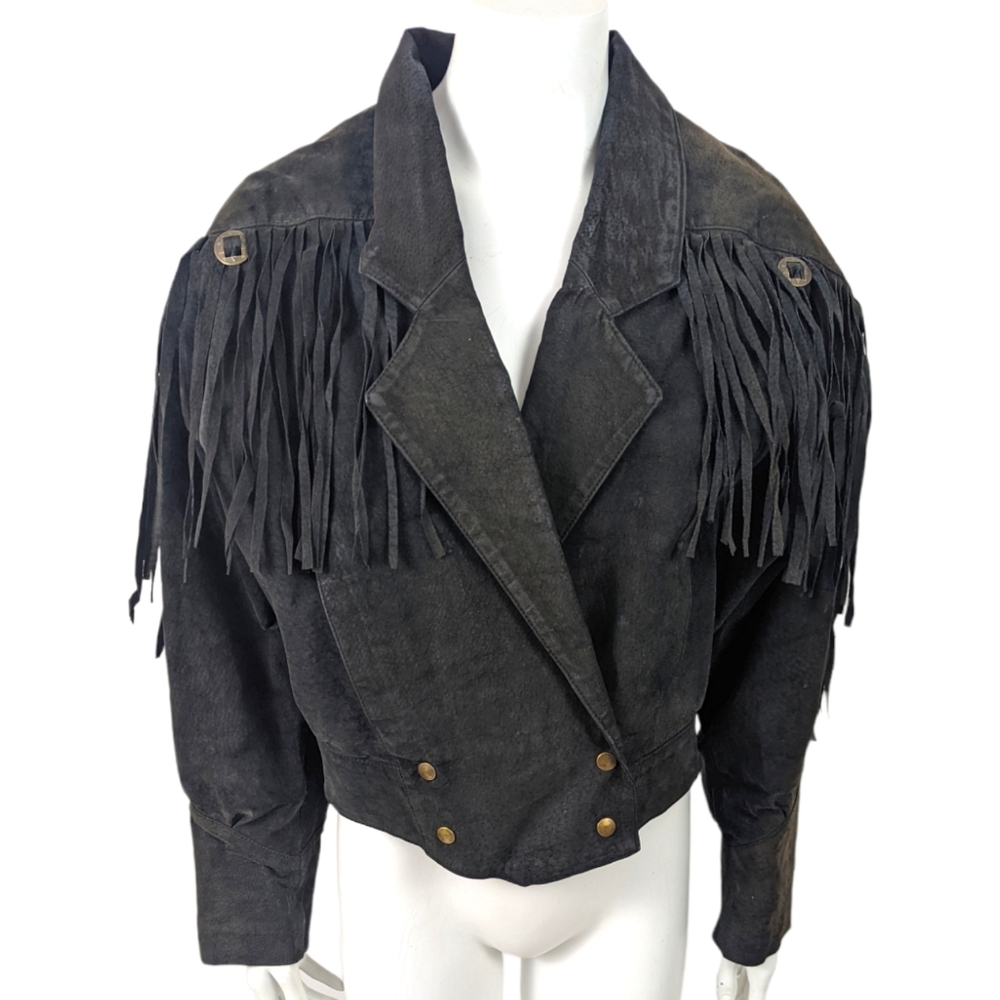Vintage 80s Fringe Leather Jacket Western Womens Black Distressed